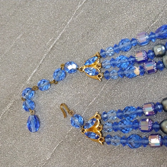 Glass Triple Strand Deep Blue Necklace 12-13" with 3" Extender Hook Clasp - Picture 4 of 7